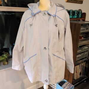 Mackinstosh Women's Raincoat Size XL Beige & Blue Zippered Toggles Pockets
